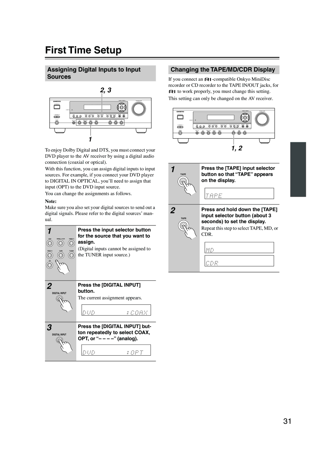 Onkyo TX-SR303E First Time Setup, Assigning Digital Inputs to Input Sources, Changing the TAPE/MD/CDR Display 