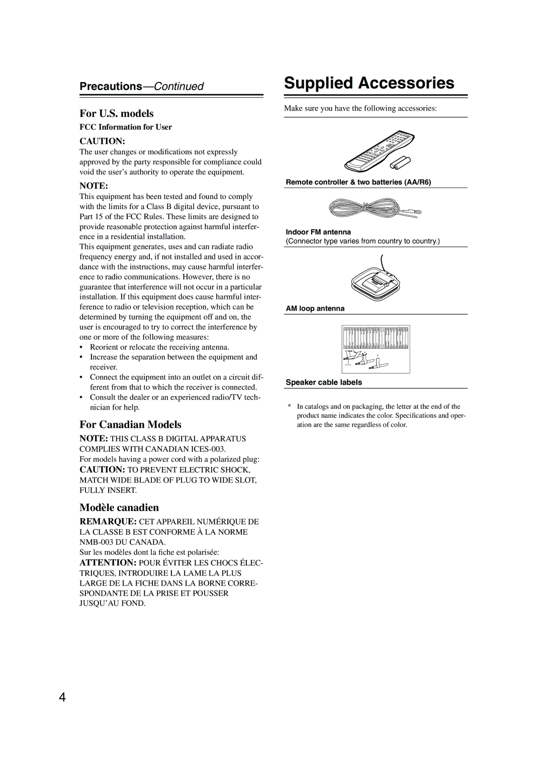 Onkyo TX-SR303E instruction manual Supplied Accessories, Precautions, FCC Information for User 