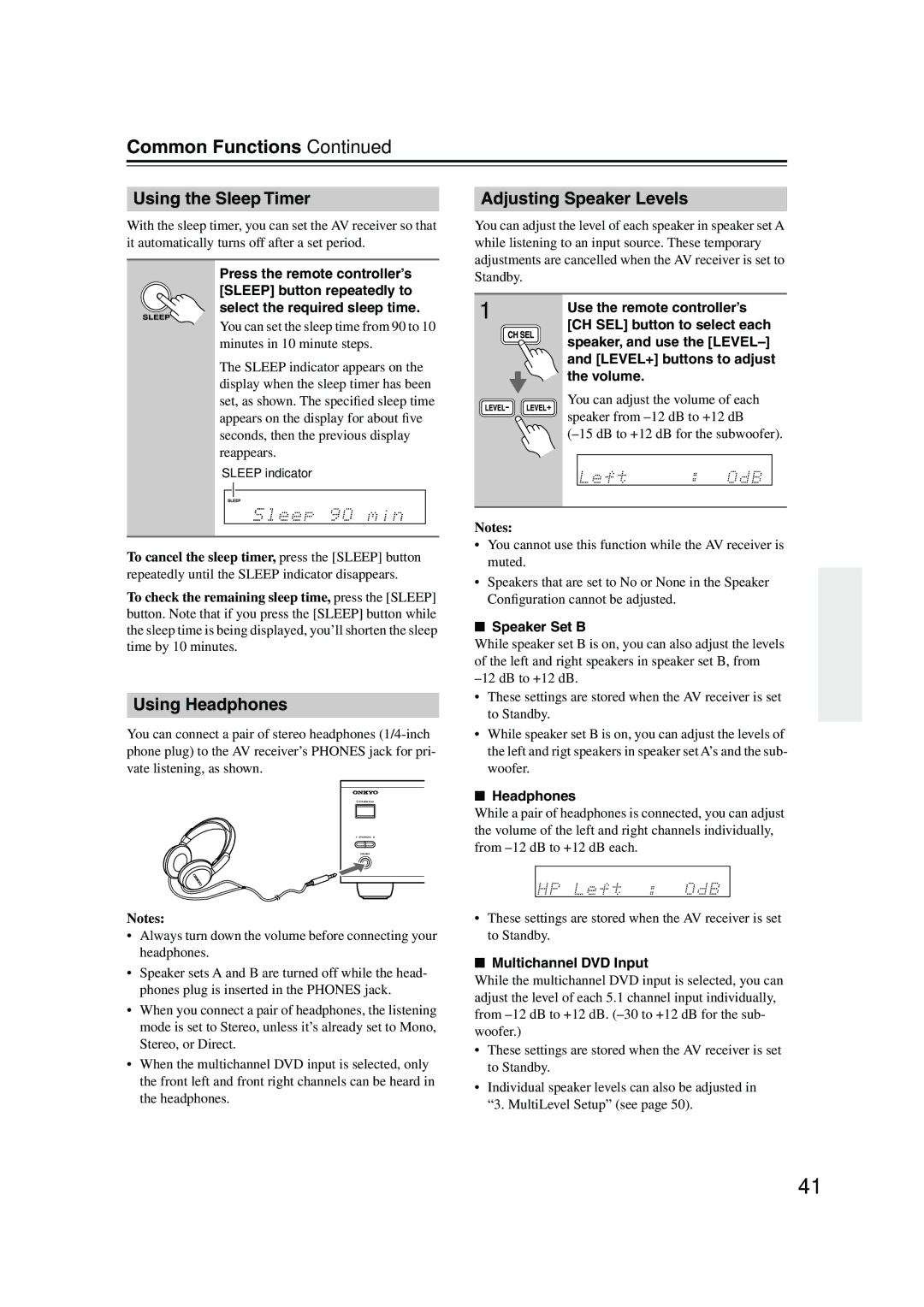 Onkyo TX-SR303E instruction manual Common Functions, Using the Sleep Timer, Using Headphones, Adjusting Speaker Levels 