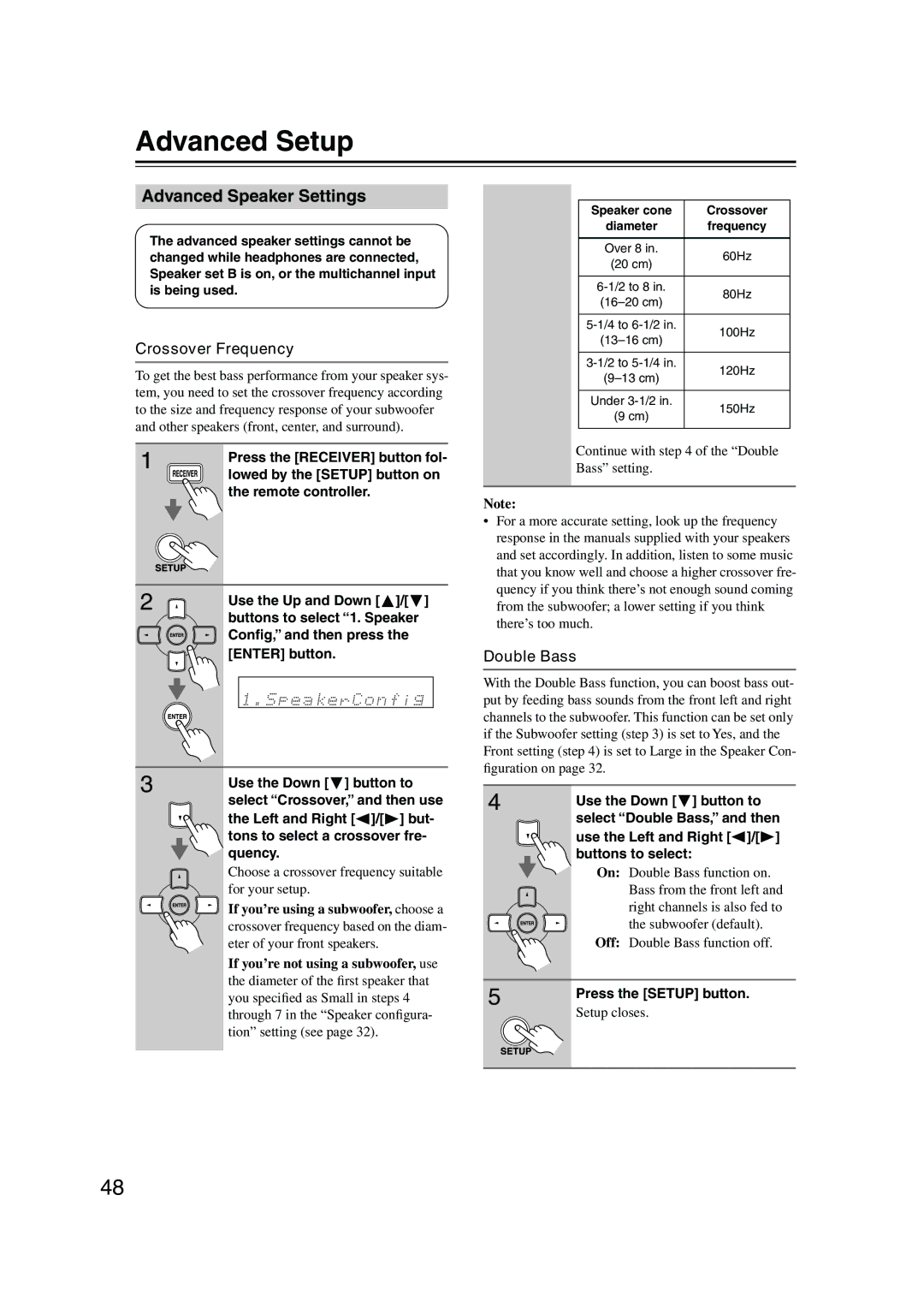 Onkyo TX-SR303E instruction manual Advanced Setup, Advanced Speaker Settings, Crossover Frequency, Double Bass 