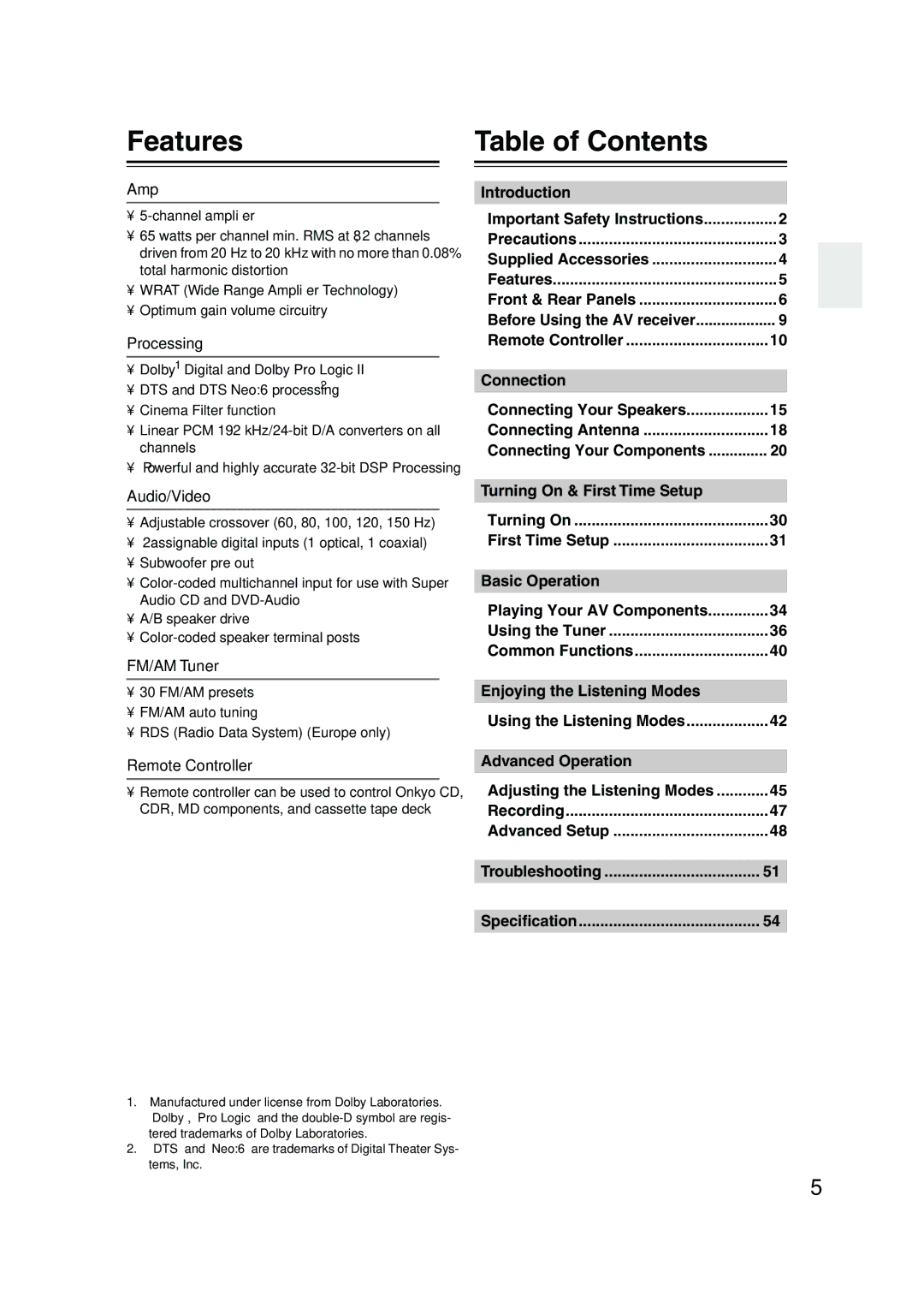 Onkyo TX-SR303E instruction manual Features, Table of Contents 