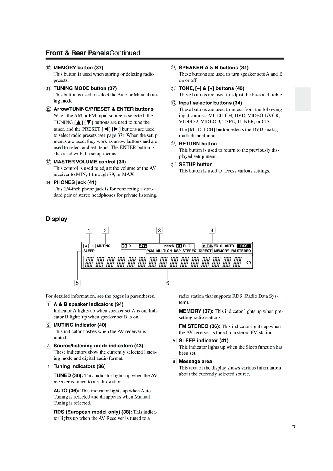 Onkyo TX-SR303E instruction manual Front & Rear Panels, Display 