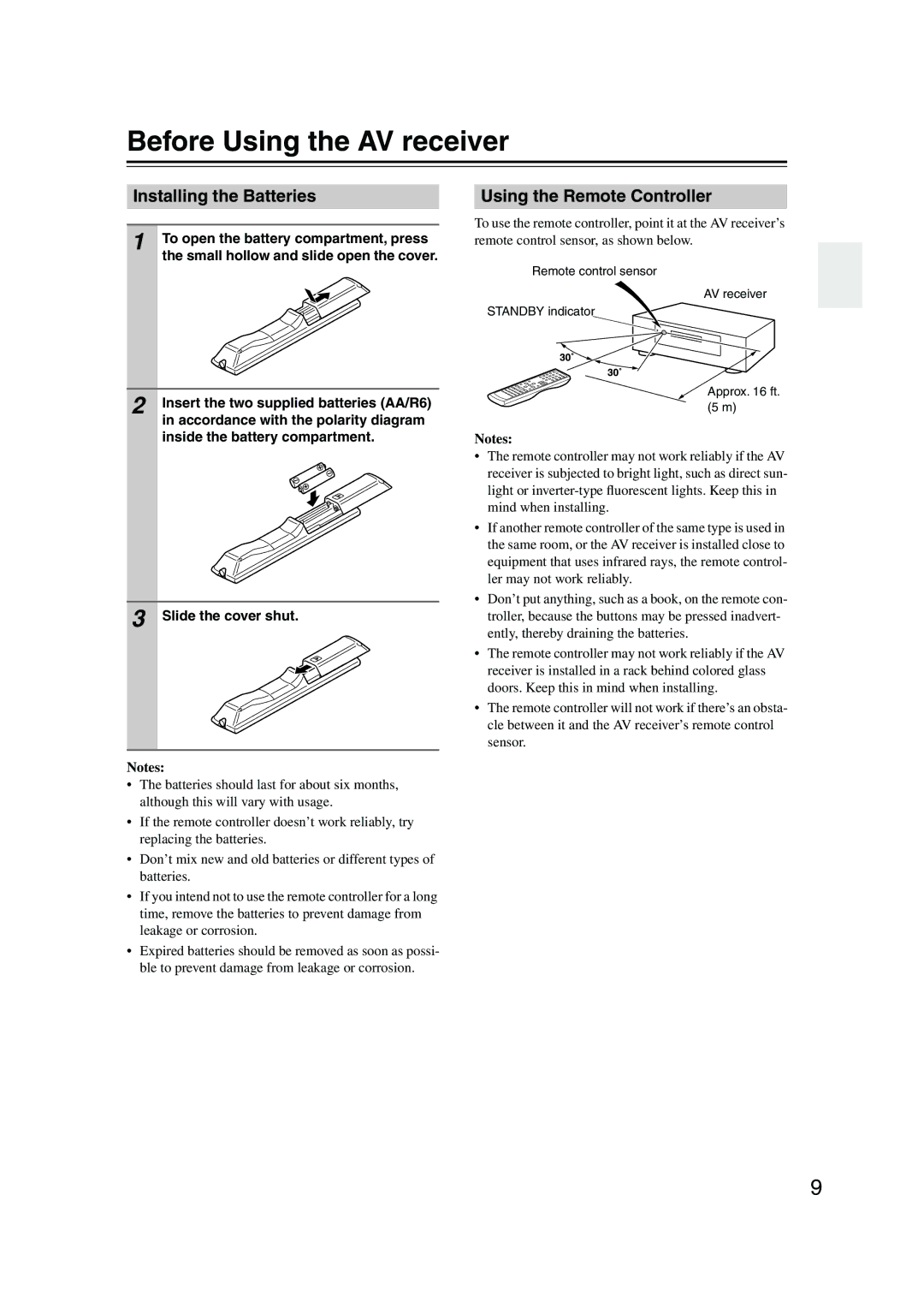 Onkyo TX-SR303E instruction manual Before Using the AV receiver, Installing the Batteries, Using the Remote Controller 