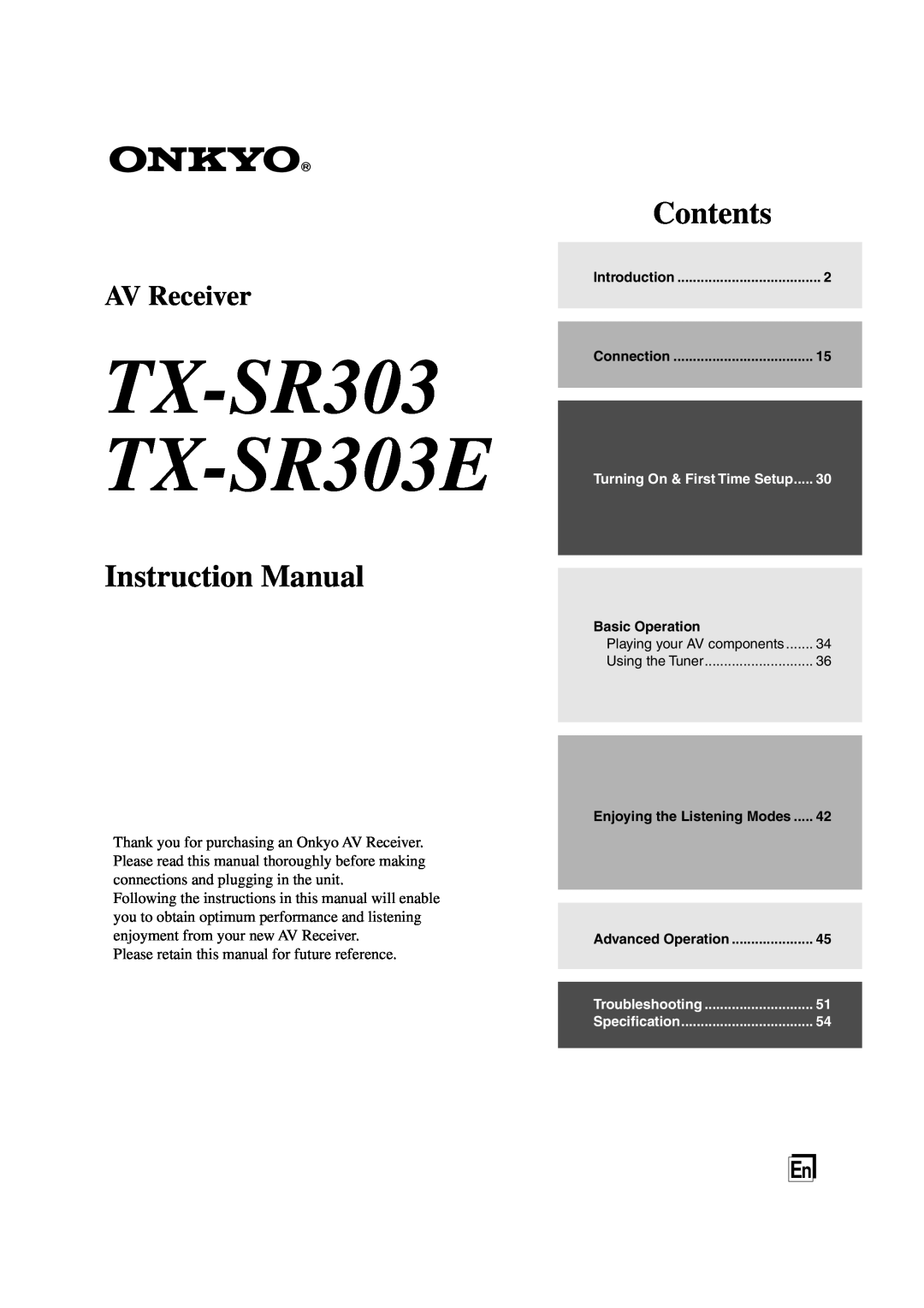 Onkyo instruction manual TX-SR303 TX-SR303E, Contents, AV Receiver 
