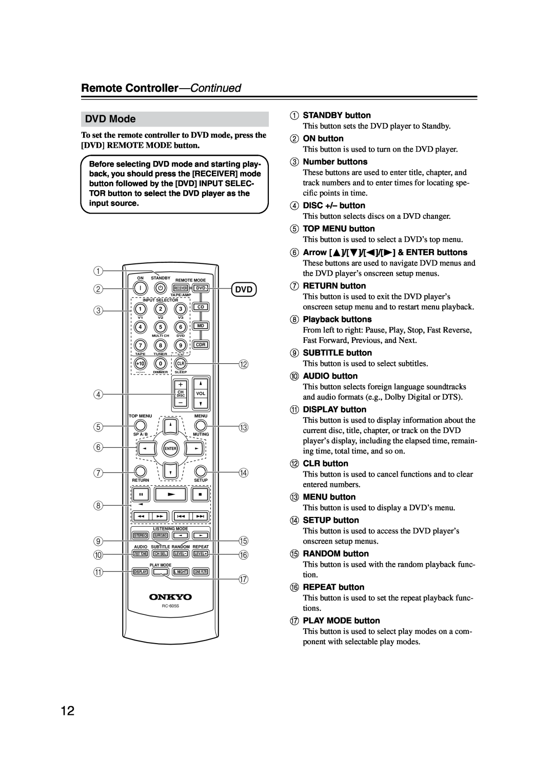 Onkyo TX-SR303E instruction manual DVD Mode, Remote Controller-Continued 
