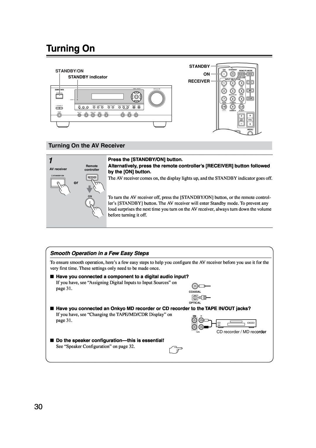 Onkyo TX-SR303E instruction manual Turning On the AV Receiver, Smooth Operation in a Few Easy Steps 