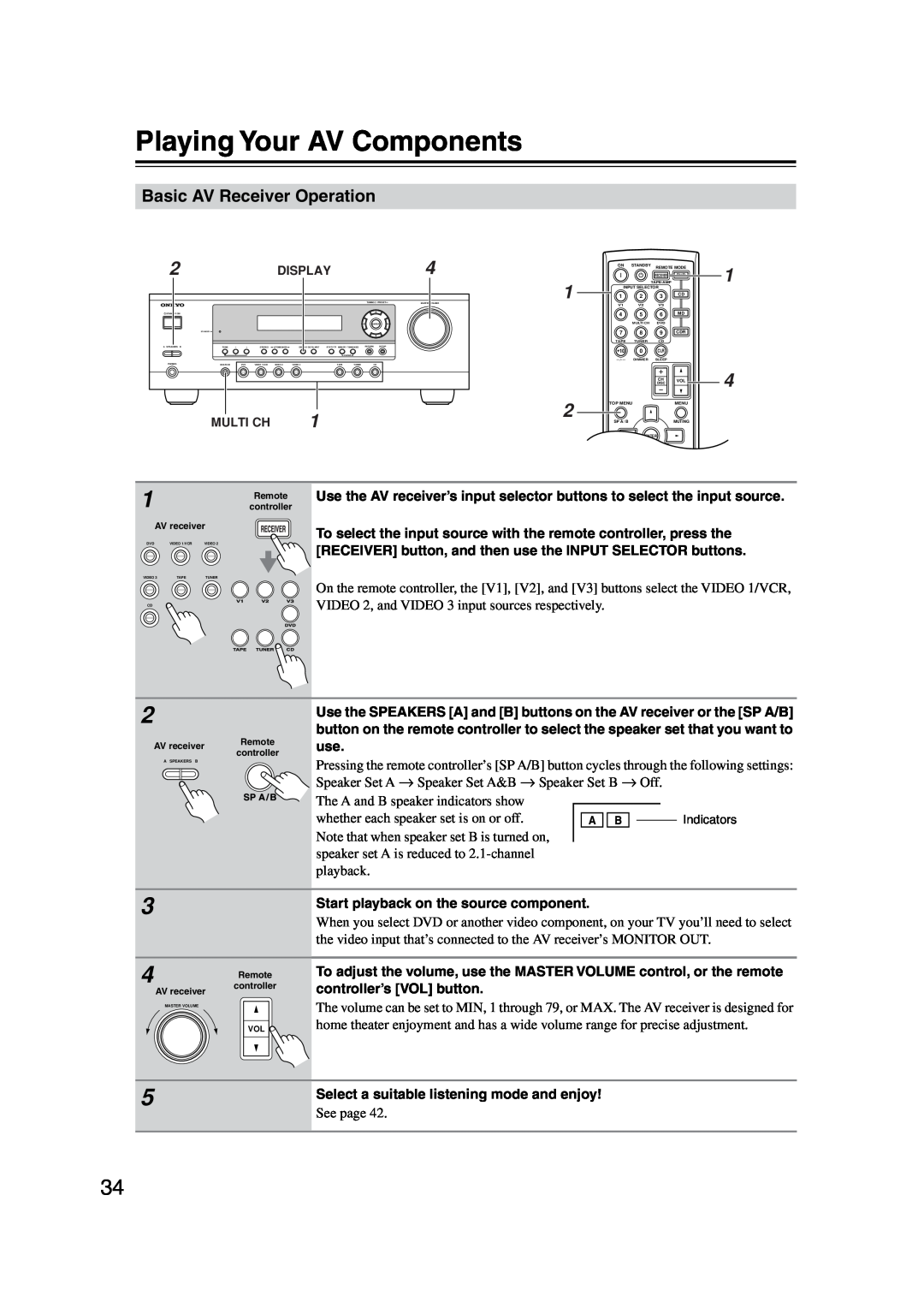 Onkyo TX-SR303E instruction manual Playing Your AV Components, Basic AV Receiver Operation 