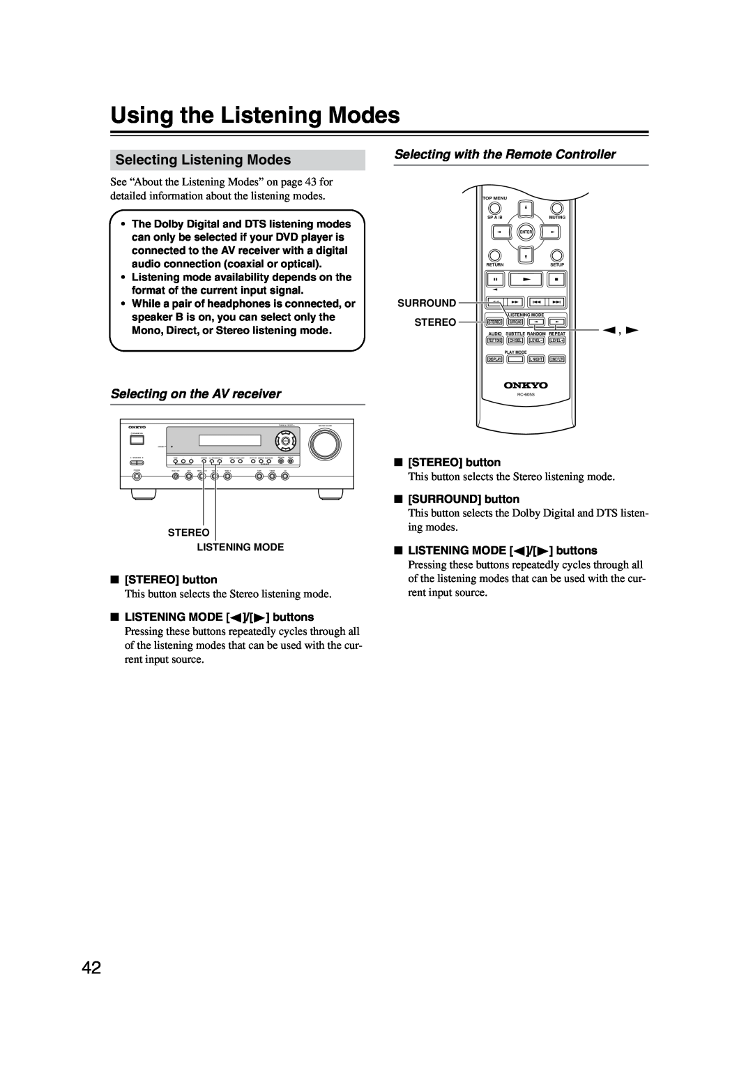 Onkyo TX-SR303E instruction manual Using the Listening Modes, Selecting Listening Modes, Selecting on the AV receiver 