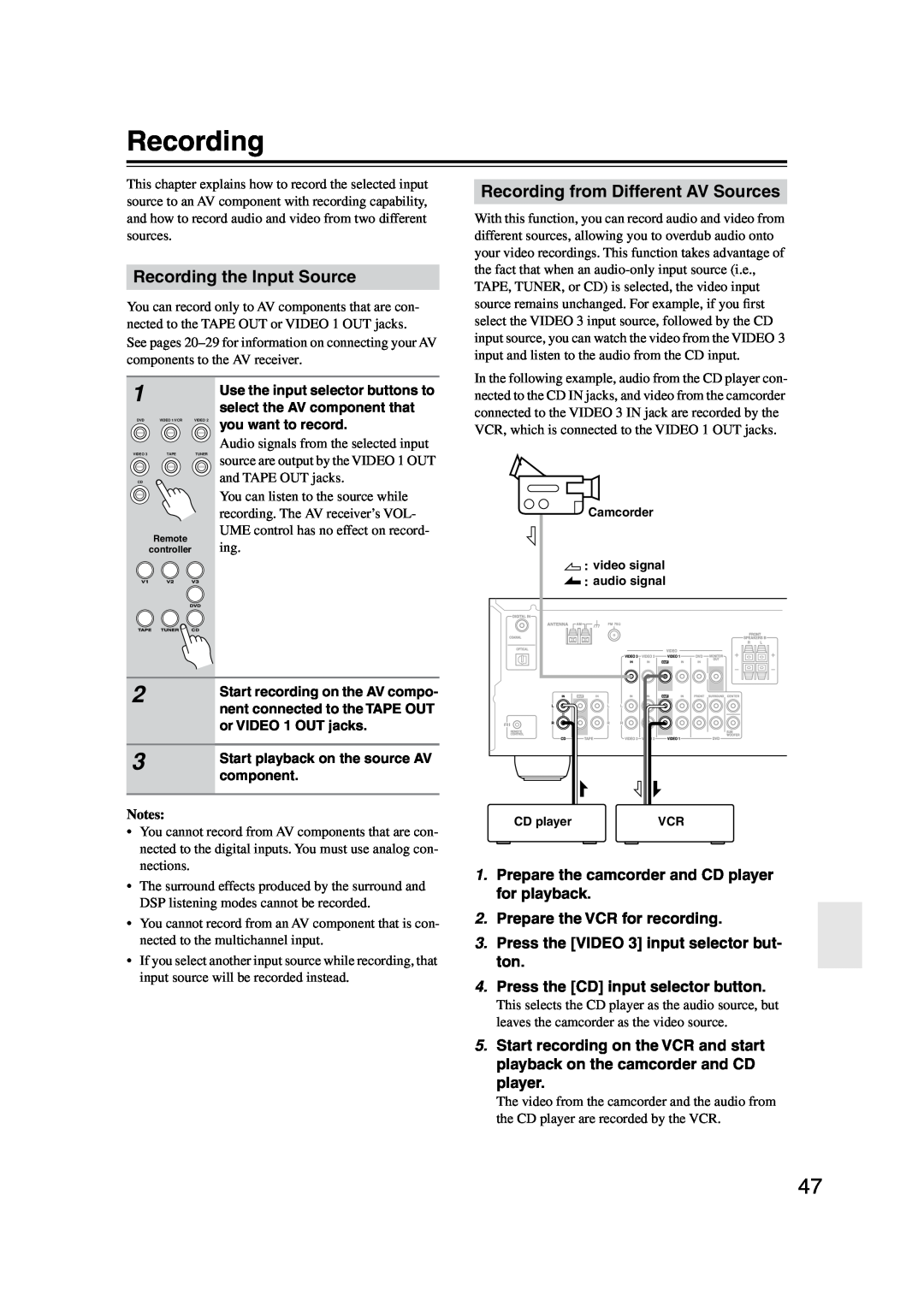 Onkyo TX-SR303E instruction manual Recording the Input Source, Recording from Different AV Sources 