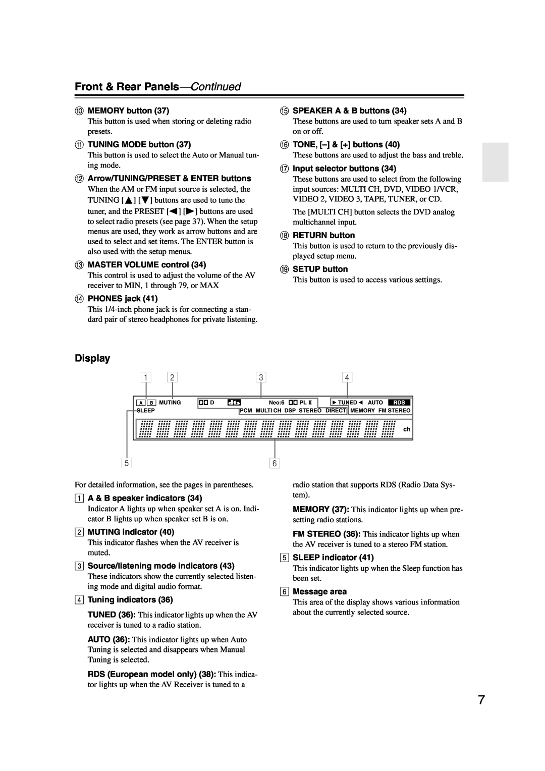 Onkyo TX-SR303E instruction manual Front & Rear Panels-Continued, Display 
