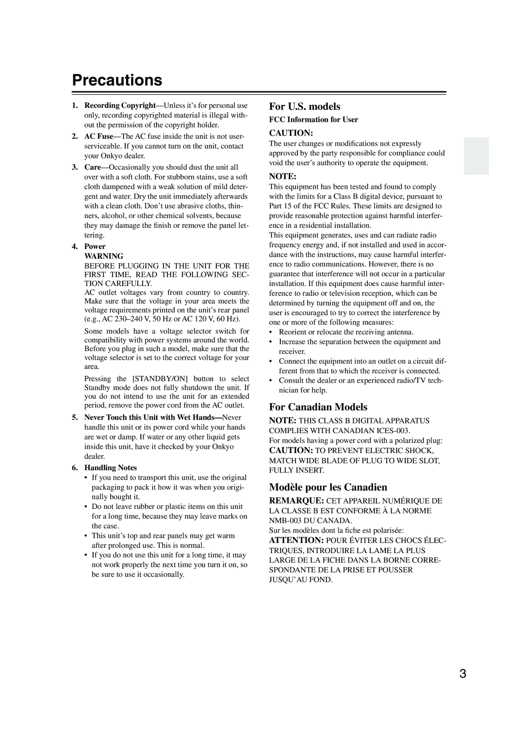 Onkyo TX-SR304 instruction manual Precautions, Power, FCC Information for User 