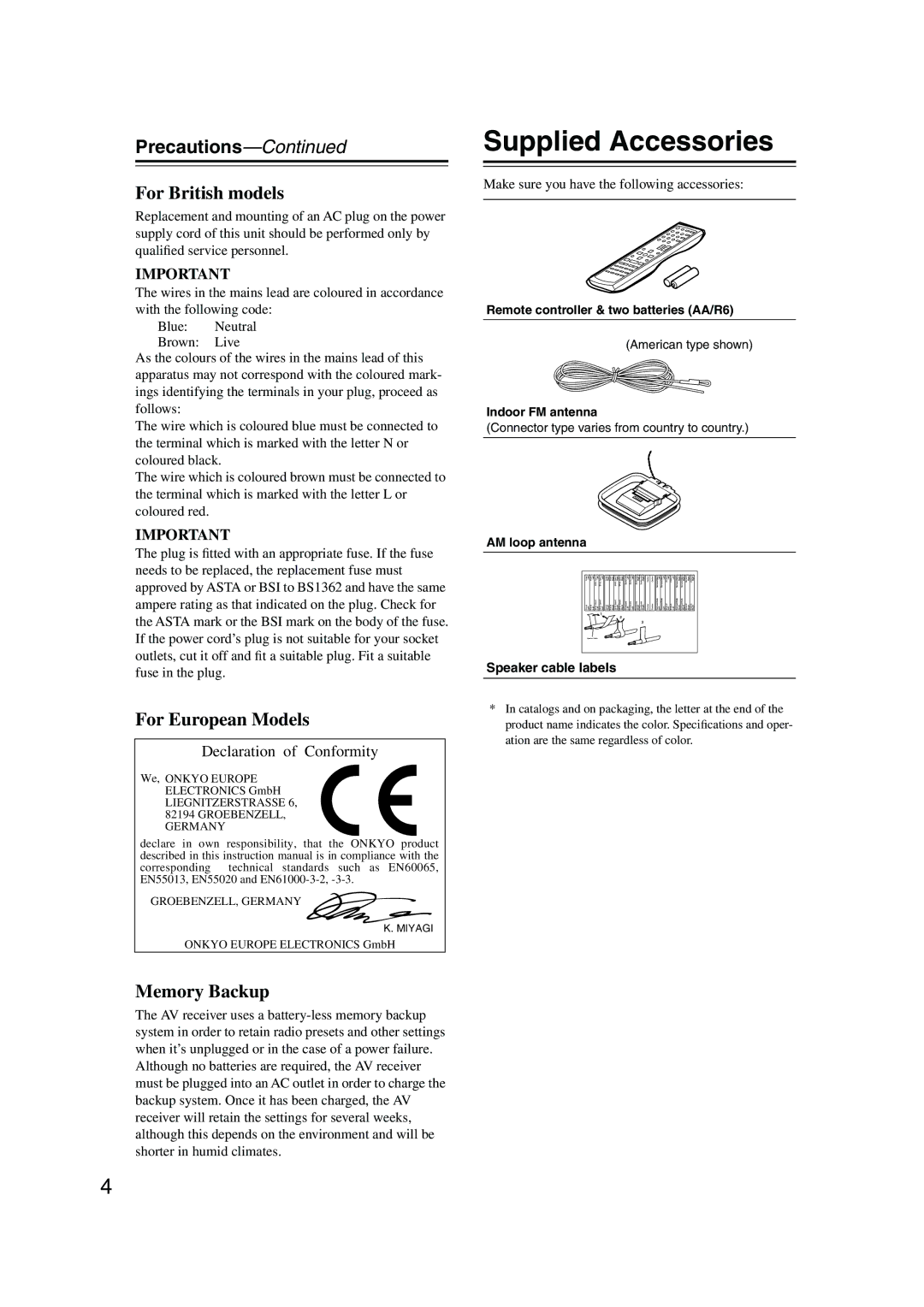 Onkyo TX-SR304 instruction manual Supplied Accessories, Precautions 