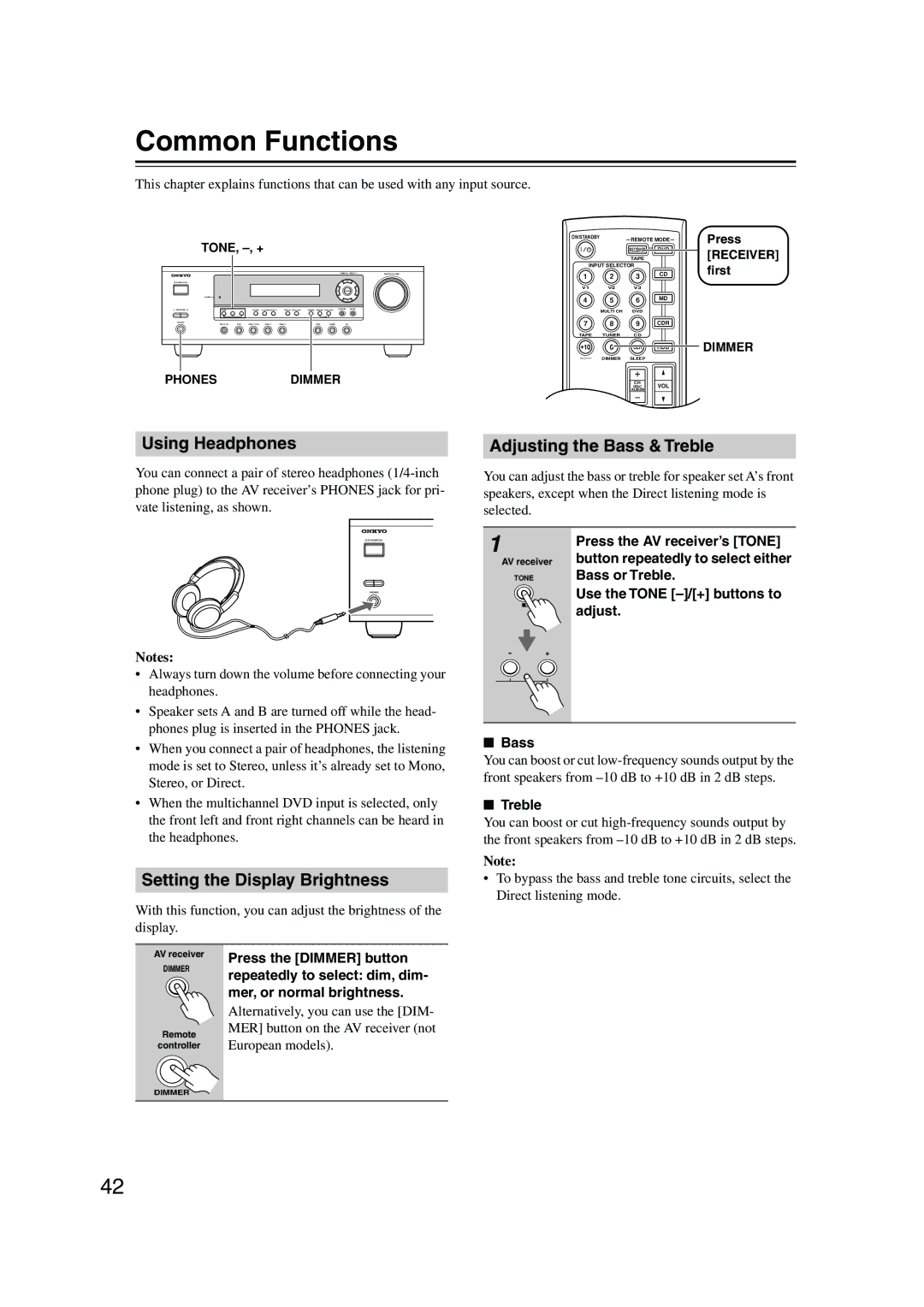 Onkyo TX-SR304 Common Functions, Using Headphones, Setting the Display Brightness, Adjusting the Bass & Treble 