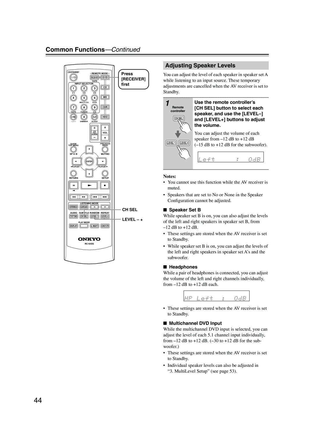 Onkyo TX-SR304 Adjusting Speaker Levels, Speaker Set B, Headphones, Multichannel DVD Input, CH SEL Level + 