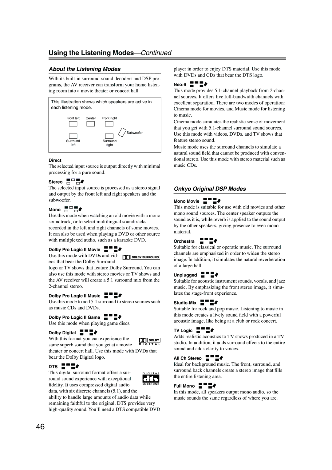 Onkyo TX-SR304 instruction manual Using the Listening Modes, About the Listening Modes, Onkyo Original DSP Modes, Dts 