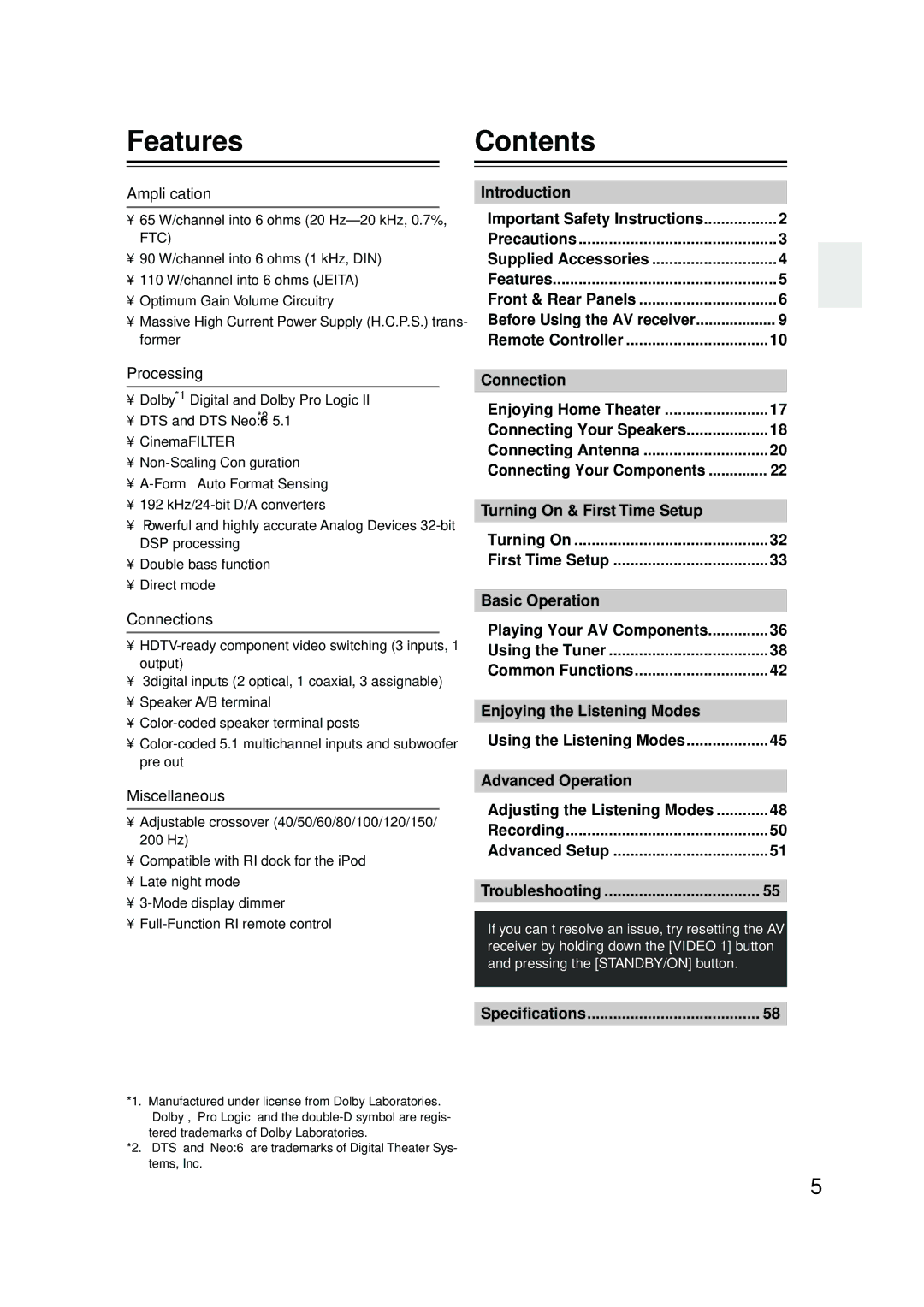 Onkyo TX-SR304 instruction manual Features, Contents 