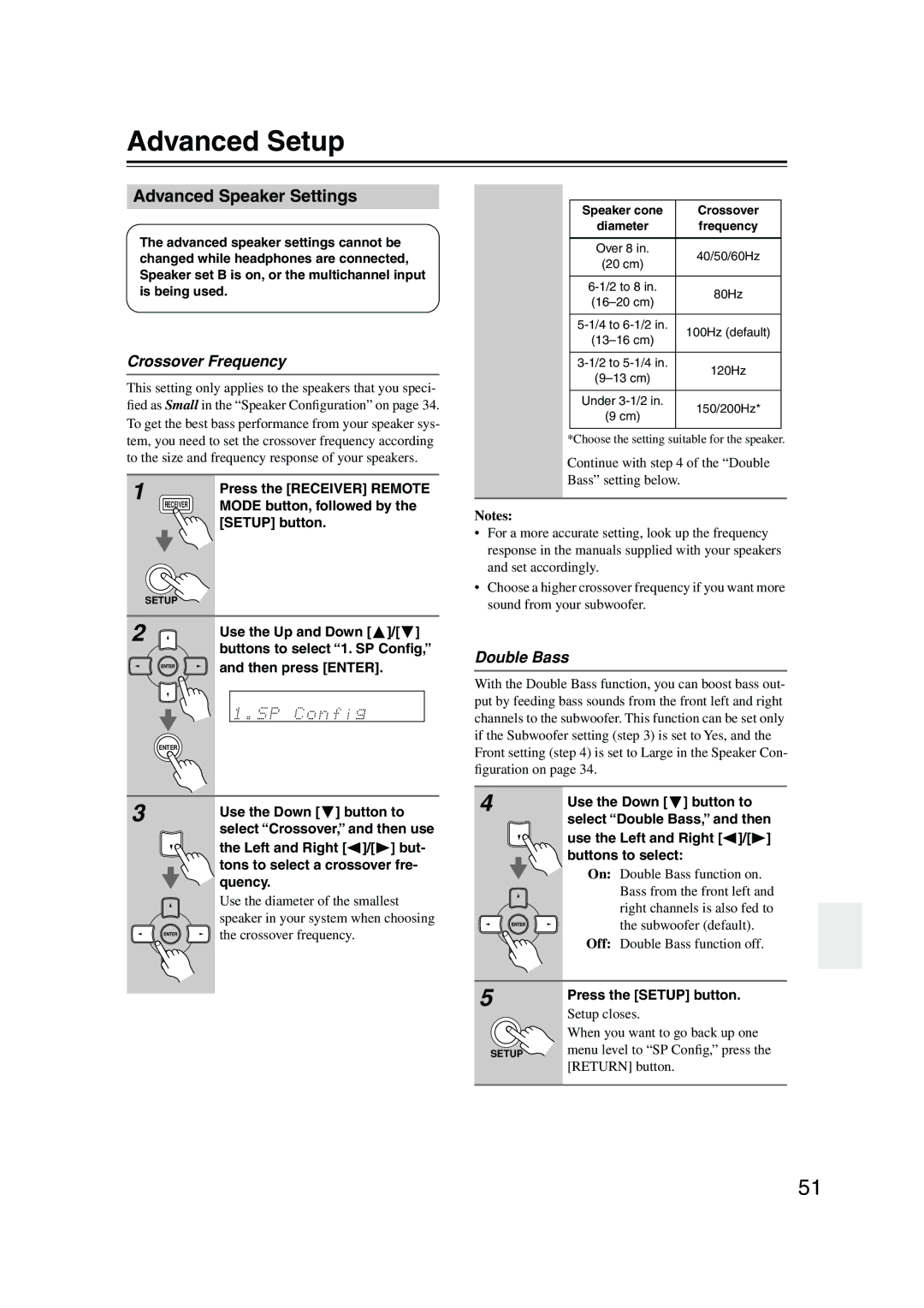 Onkyo TX-SR304 instruction manual Advanced Setup, Advanced Speaker Settings, Crossover Frequency, Double Bass 