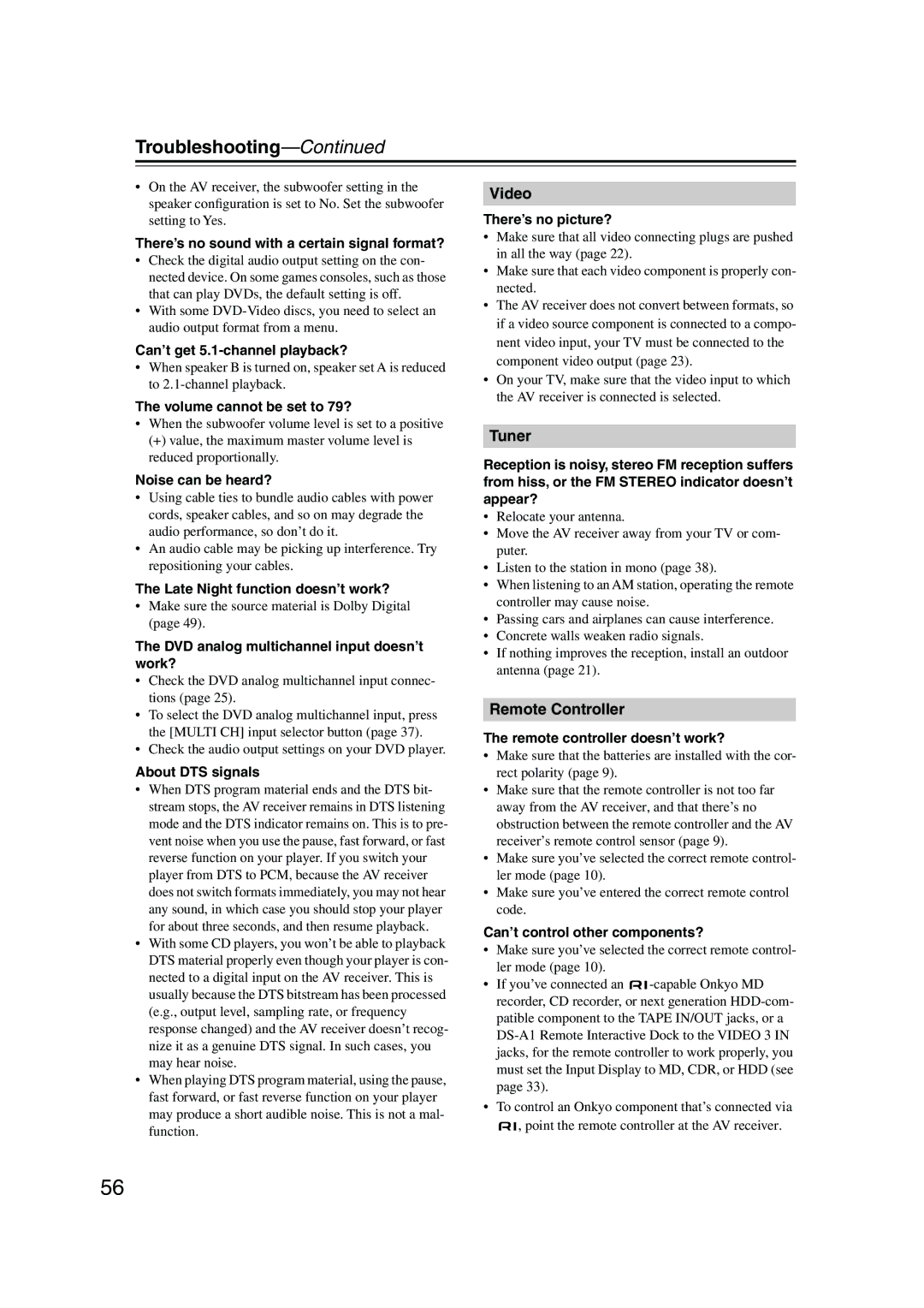 Onkyo TX-SR304 instruction manual Troubleshooting 