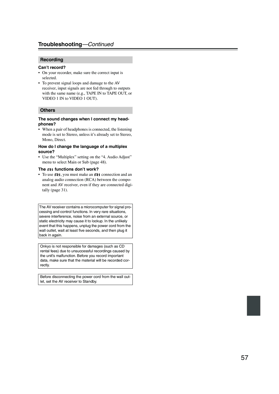 Onkyo TX-SR304 instruction manual Can’t record?, Sound changes when I connect my head- phones?, Functions don’t work? 