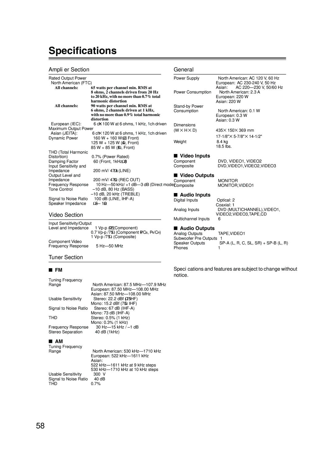 Onkyo TX-SR304 instruction manual Speciﬁcations, Ampliﬁer Section, Video Section, Tuner Section, General 