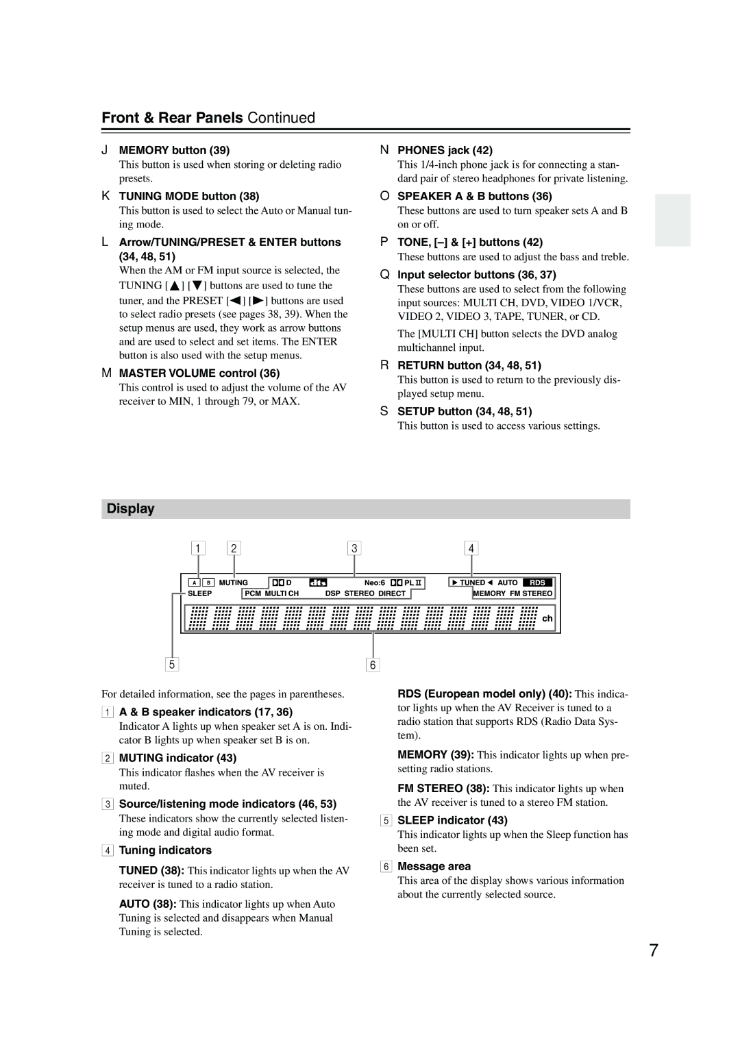 Onkyo TX-SR304 instruction manual Front & Rear Panels, Display 