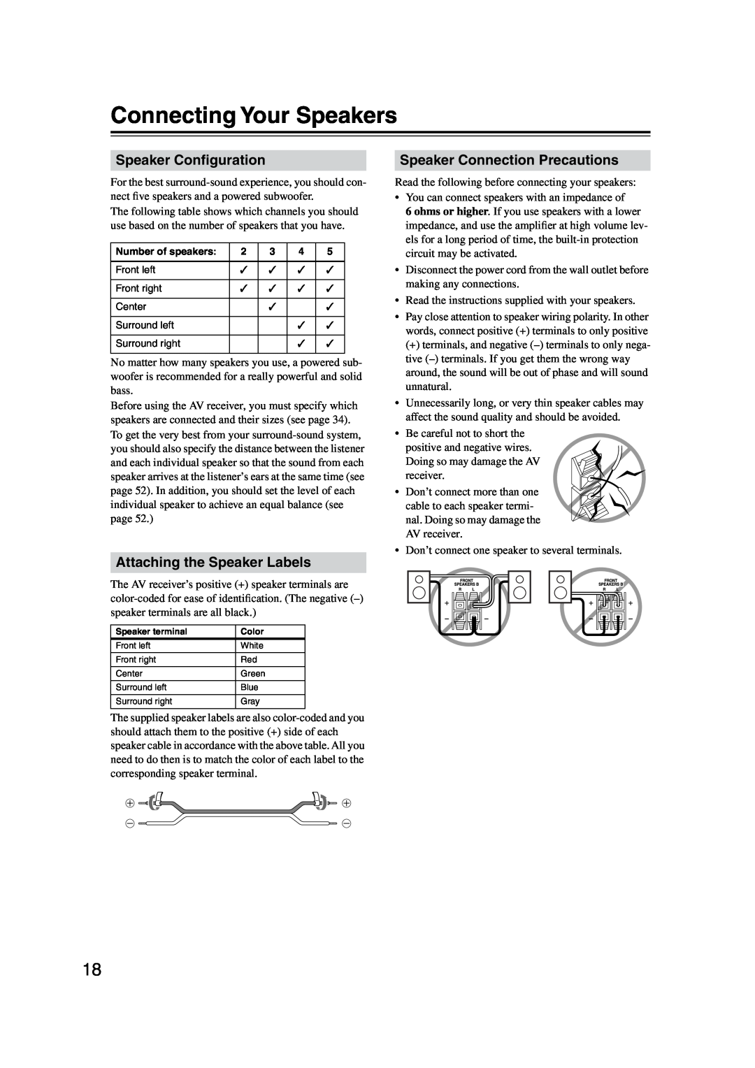 Onkyo TX-SR304 instruction manual Connecting Your Speakers, Speaker Conﬁguration, Attaching the Speaker Labels 