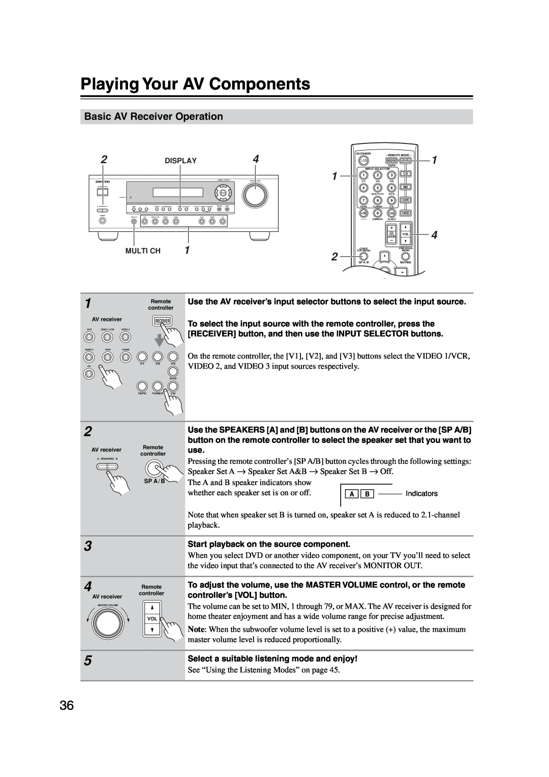 Onkyo TX-SR304 instruction manual Playing Your AV Components, Basic AV Receiver Operation 