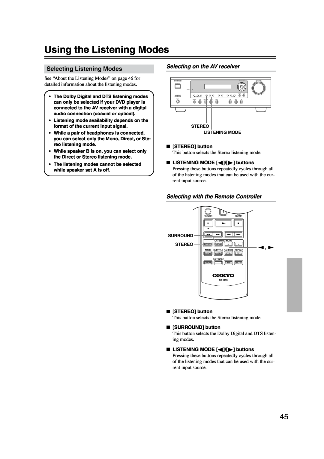 Onkyo TX-SR304 instruction manual Using the Listening Modes, Selecting Listening Modes, Selecting on the AV receiver 