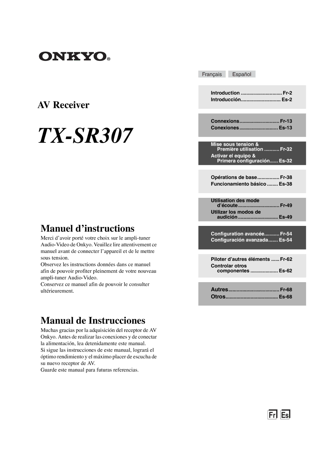 Onkyo TX-SR307 manual Fr-68, Es-68 