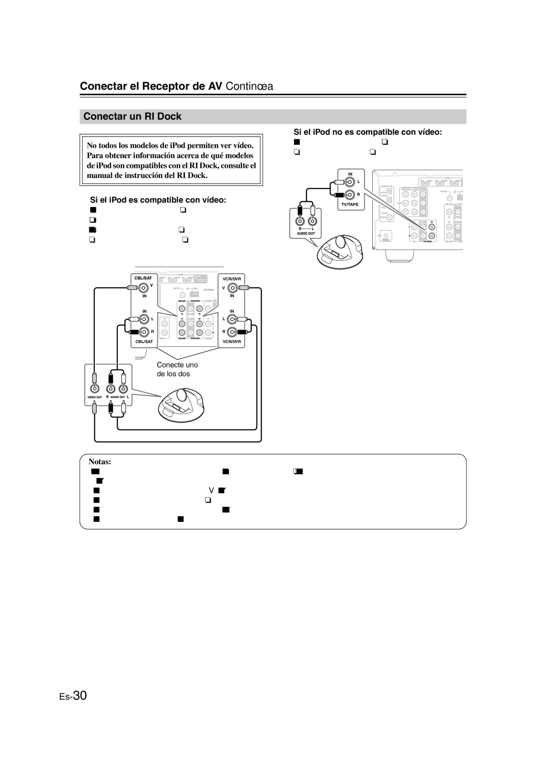 Onkyo TX-SR307 manual Conectar un RI Dock, Si el iPod es compatible con vídeo, Si el iPod no es compatible con vídeo 