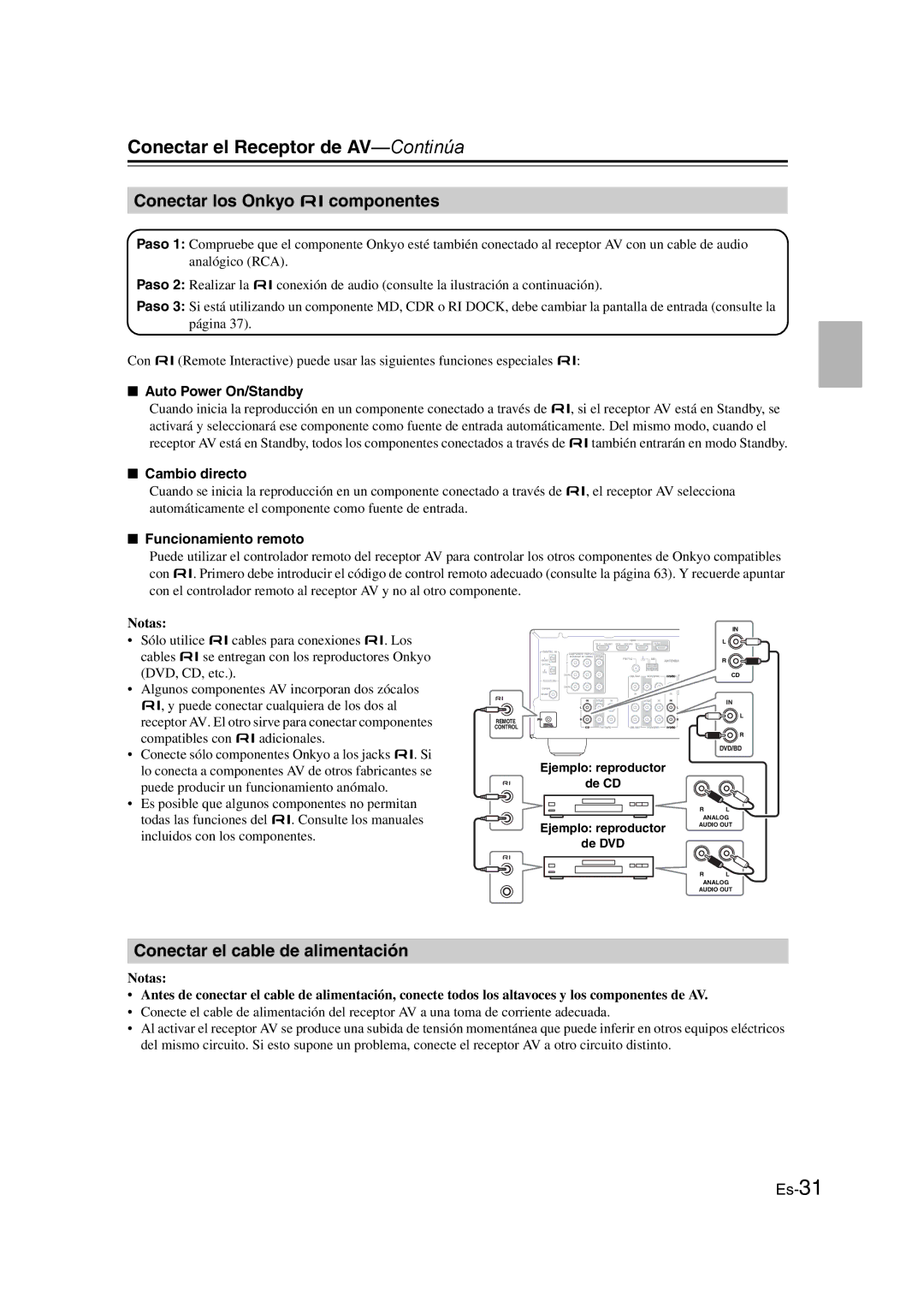 Onkyo TX-SR307 Conectar los Onkyo u componentes, Conectar el cable de alimentación, Auto Power On/Standby, Cambio directo 