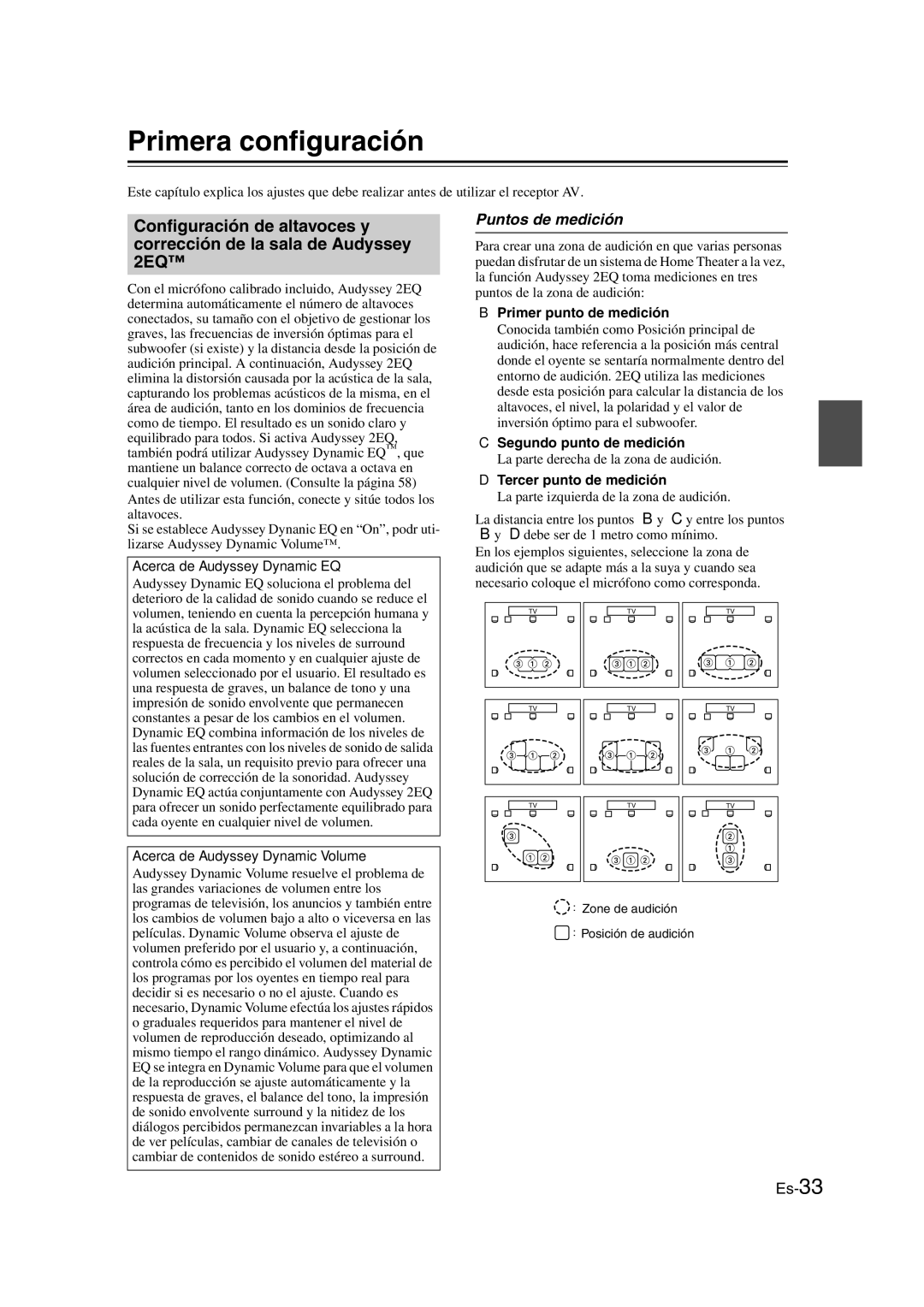 Onkyo TX-SR307 manual Primera configuración, Puntos de medición, Primer punto de medición, Segundo punto de medición 