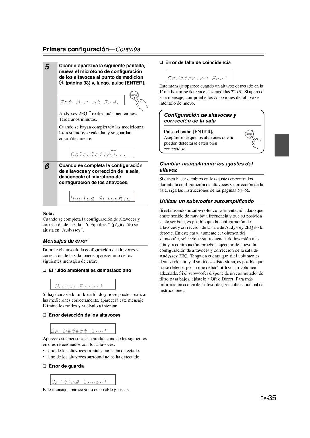 Onkyo TX-SR307 manual Mensajes de error, Configuración de altavoces y corrección de la sala 