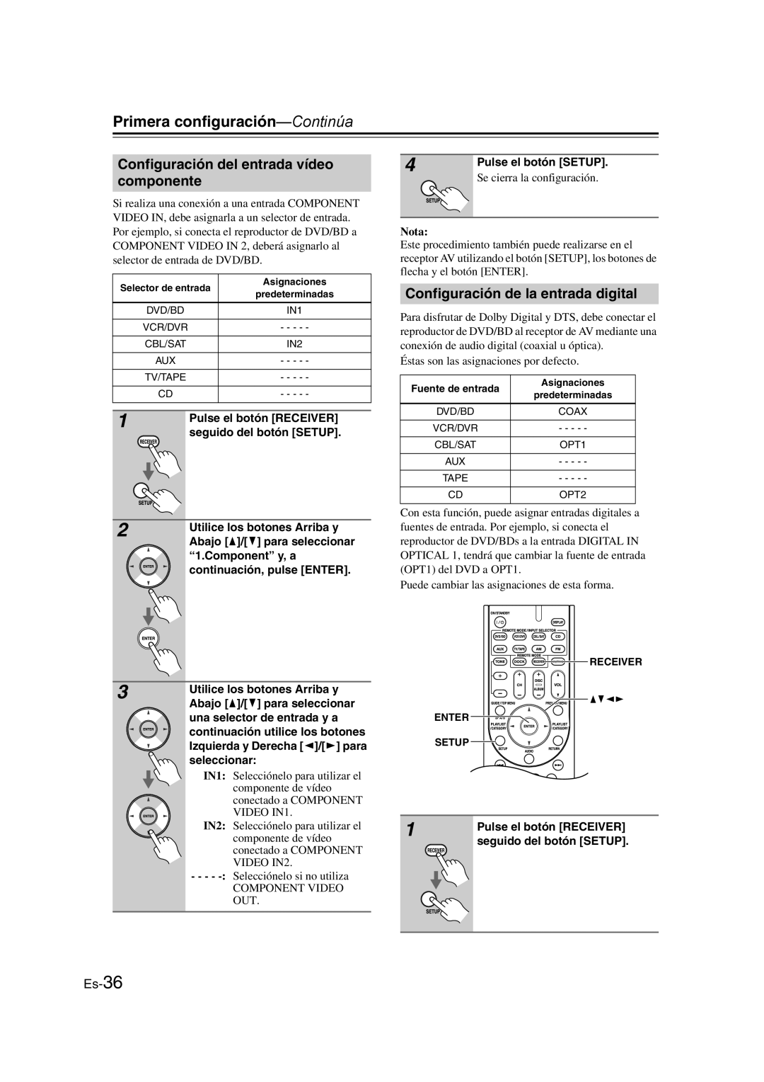 Onkyo TX-SR307 manual Configuración del entrada vídeo componente, Configuración de la entrada digital 