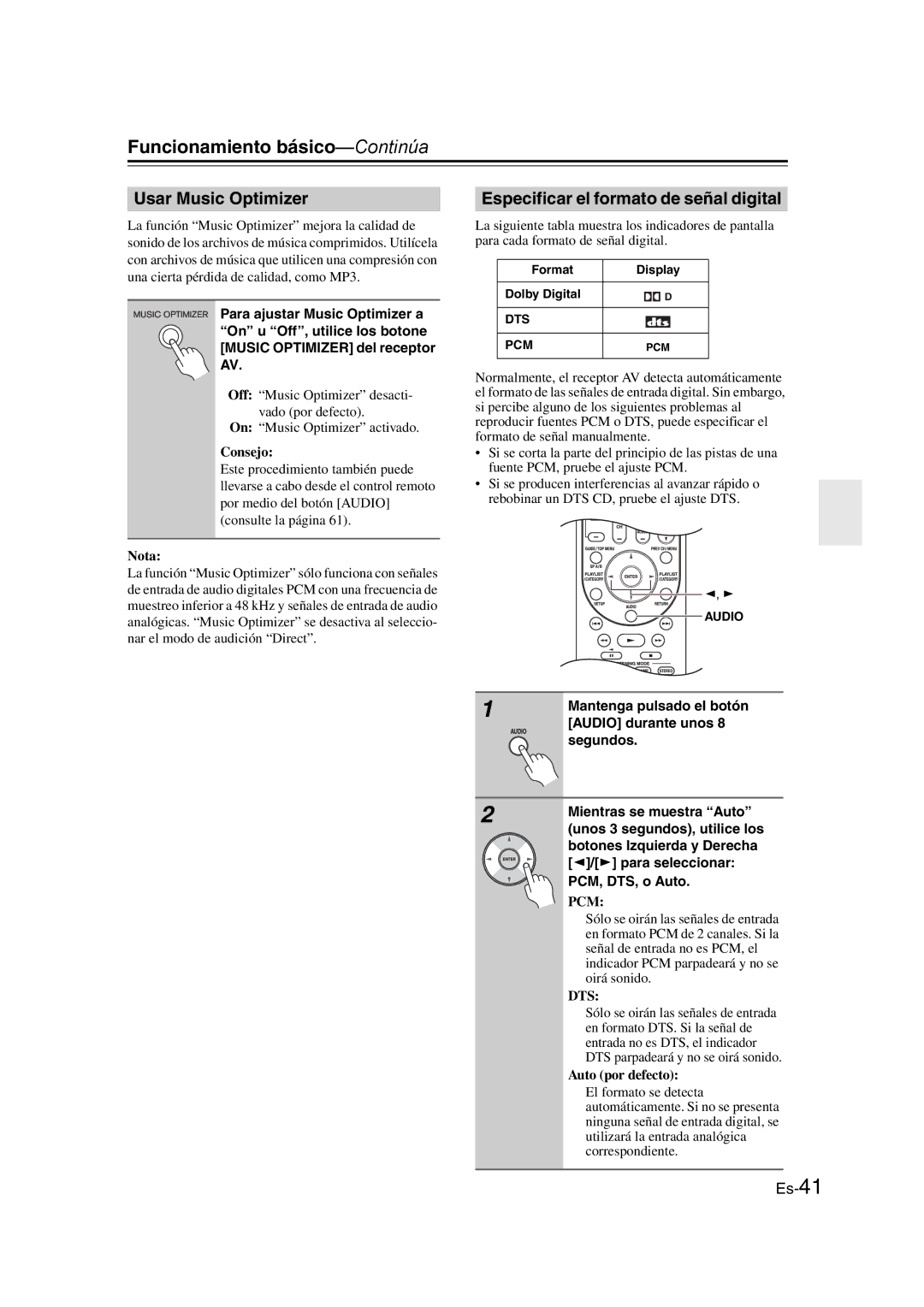 Onkyo TX-SR307 manual Usar Music Optimizer, Especificar el formato de señal digital 