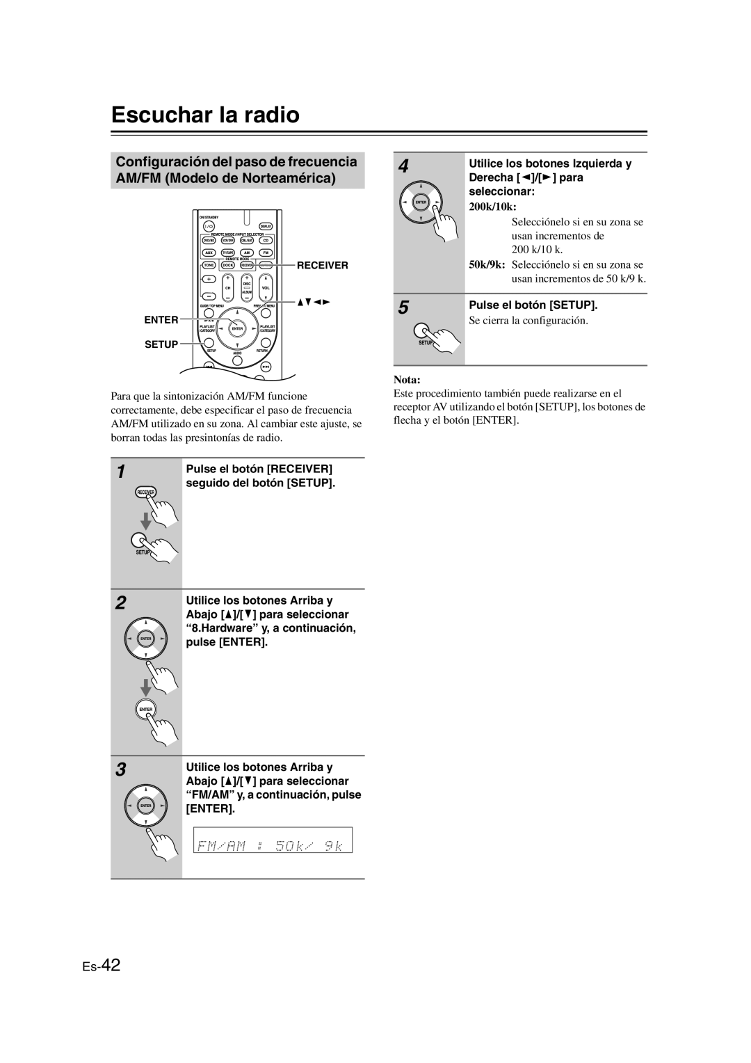 Onkyo TX-SR307 manual Escuchar la radio, Utilice los botones Izquierda y, Derecha e/r para, Hardware y, a continuación 