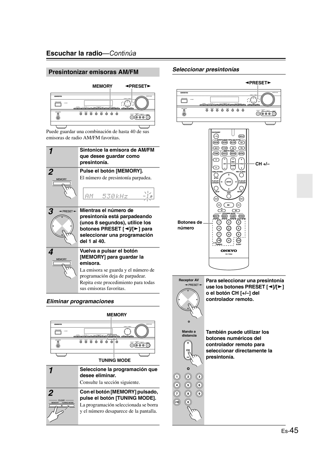 Onkyo TX-SR307 manual Presintonizar emisoras AM/FM, Eliminar programaciones, Seleccionar presintonías 