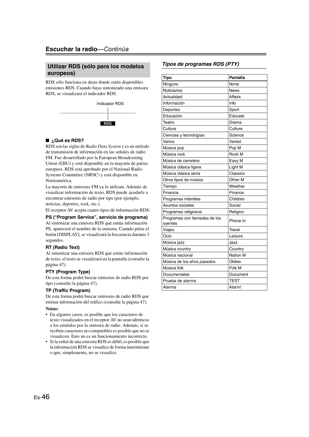 Onkyo TX-SR307 manual Utilizar RDS sólo para los modelos europeos, Tipos de programas RDS PTY, ¿Qué es RDS?, Tipo Pantalla 