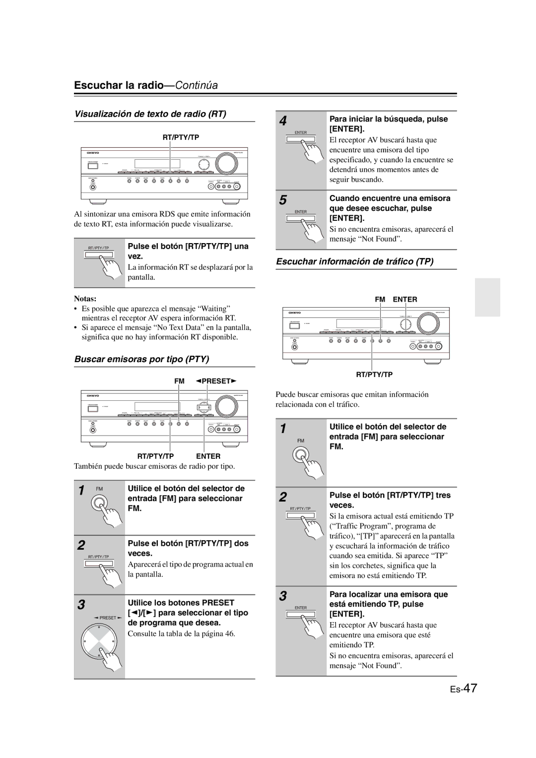 Onkyo TX-SR307 manual Visualización de texto de radio RT, Buscar emisoras por tipo PTY, Escuchar información de tráfico TP 