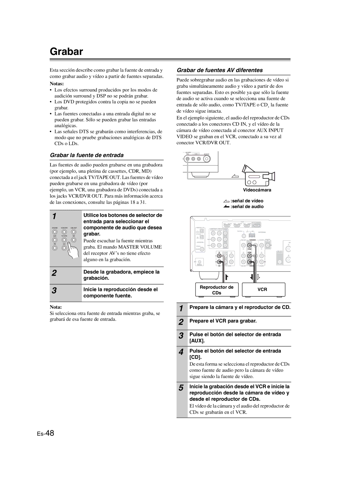 Onkyo TX-SR307 manual Grabar de fuentes AV diferentes, Grabar la fuente de entrada 