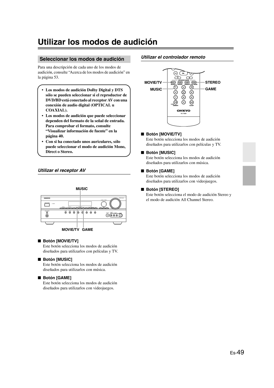 Onkyo TX-SR307 manual Utilizar los modos de audición, Seleccionar los modos de audición, Botón MOVIE/TV Botón Stereo 