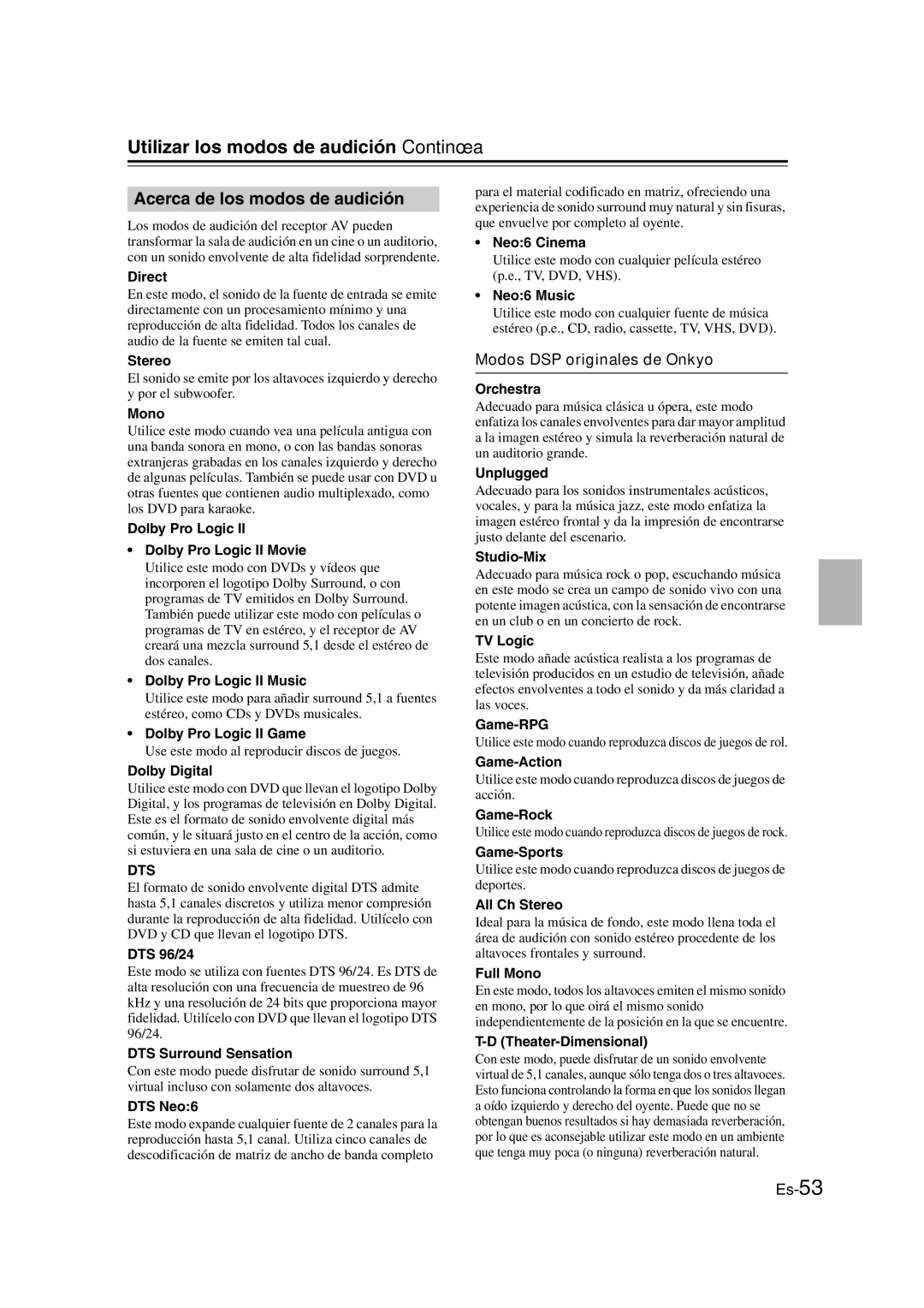 Onkyo TX-SR307 manual Acerca de los modos de audición, Modos DSP originales de Onkyo 