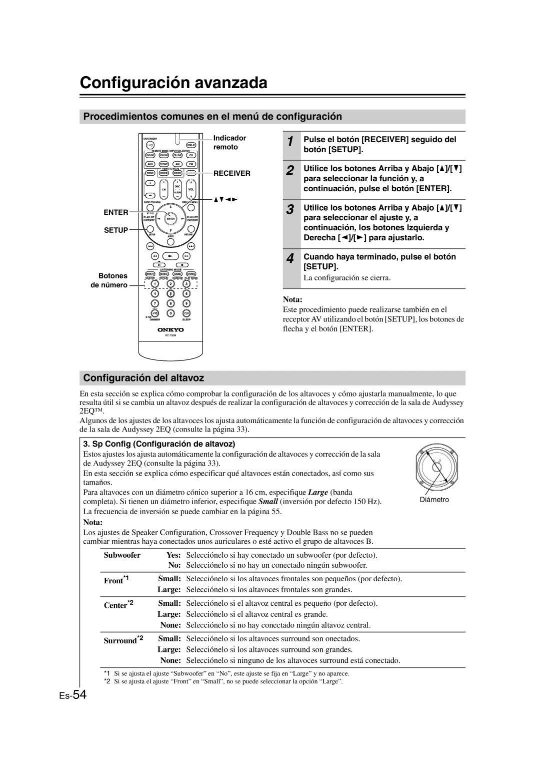 Onkyo TX-SR307 manual Configuración avanzada, Procedimientos comunes en el menú de configuración, Configuración del altavoz 