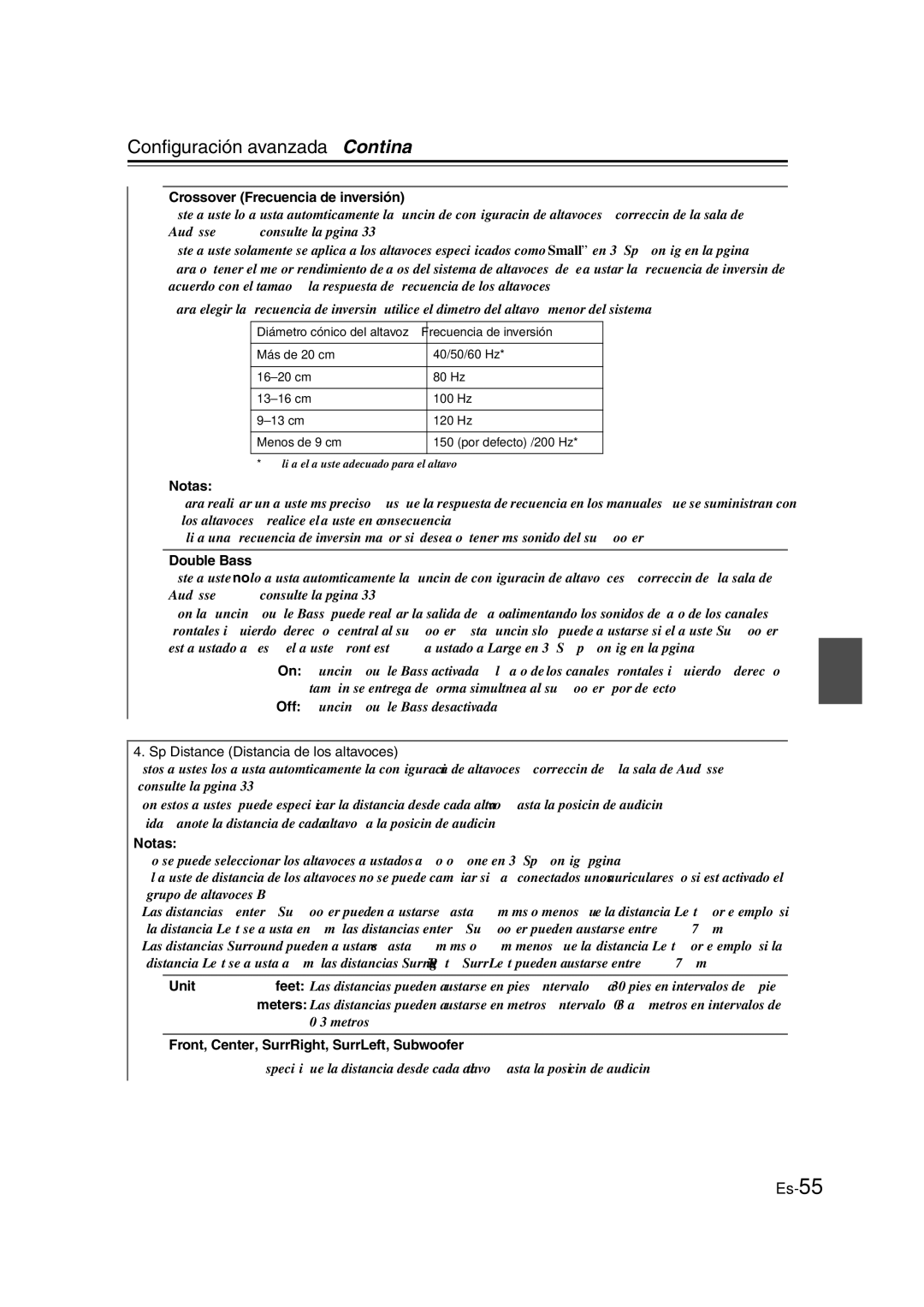 Onkyo TX-SR307 Configuración avanzada-Continúa, Crossover Frecuencia de inversión, Sp Distance Distancia de los altavoces 