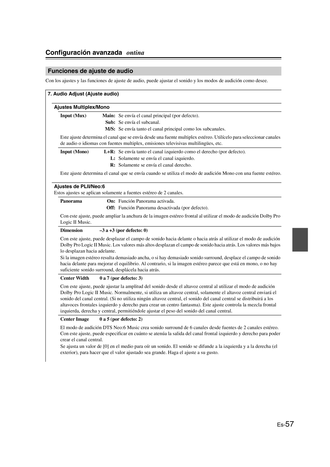 Onkyo TX-SR307 manual Funciones de ajuste de audio, Audio Adjust Ajuste audio Ajustes Multiplex/Mono, Ajustes de PLII/Neo6 