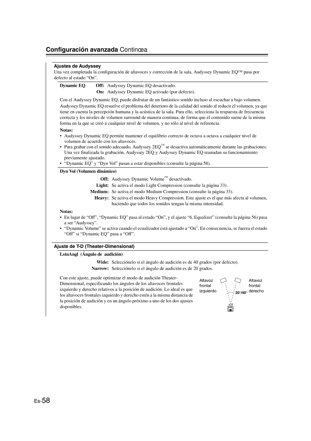 Onkyo TX-SR307 manual Ajustes de Audyssey, Dynamic EQ Off Audyssey Dynamic EQ desactivado, Dyn Vol Volumen dinámico 