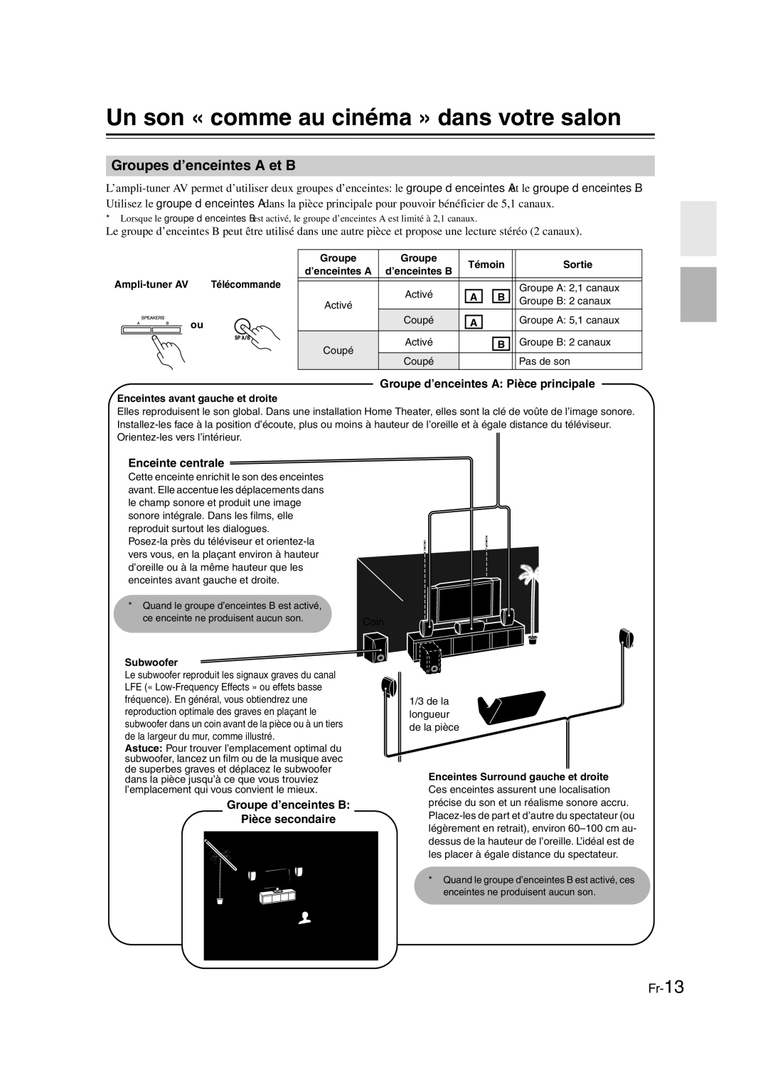 Onkyo TX-SR307 manual Un son « comme au cinéma » dans votre salon, Groupes d’enceintes a et B, Enceinte centrale 