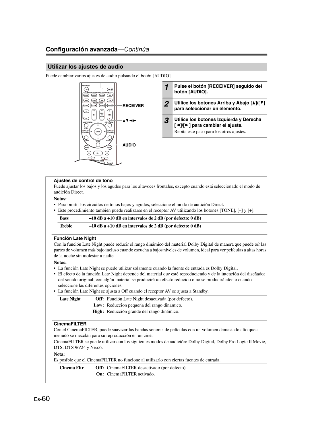 Onkyo TX-SR307 manual Utilizar los ajustes de audio 