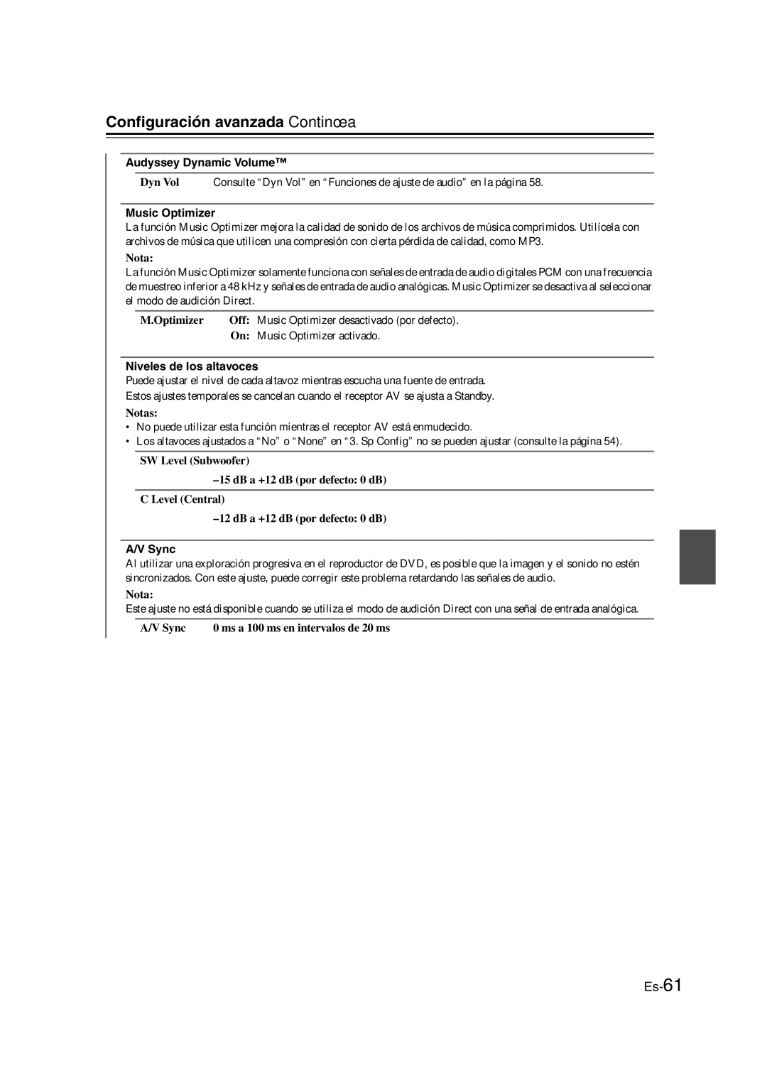 Onkyo TX-SR307 manual Music Optimizer activado, Niveles de los altavoces 