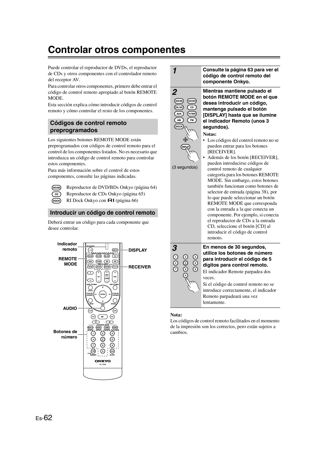 Onkyo TX-SR307 manual Controlar otros componentes, Códigos de control remoto preprogramados 